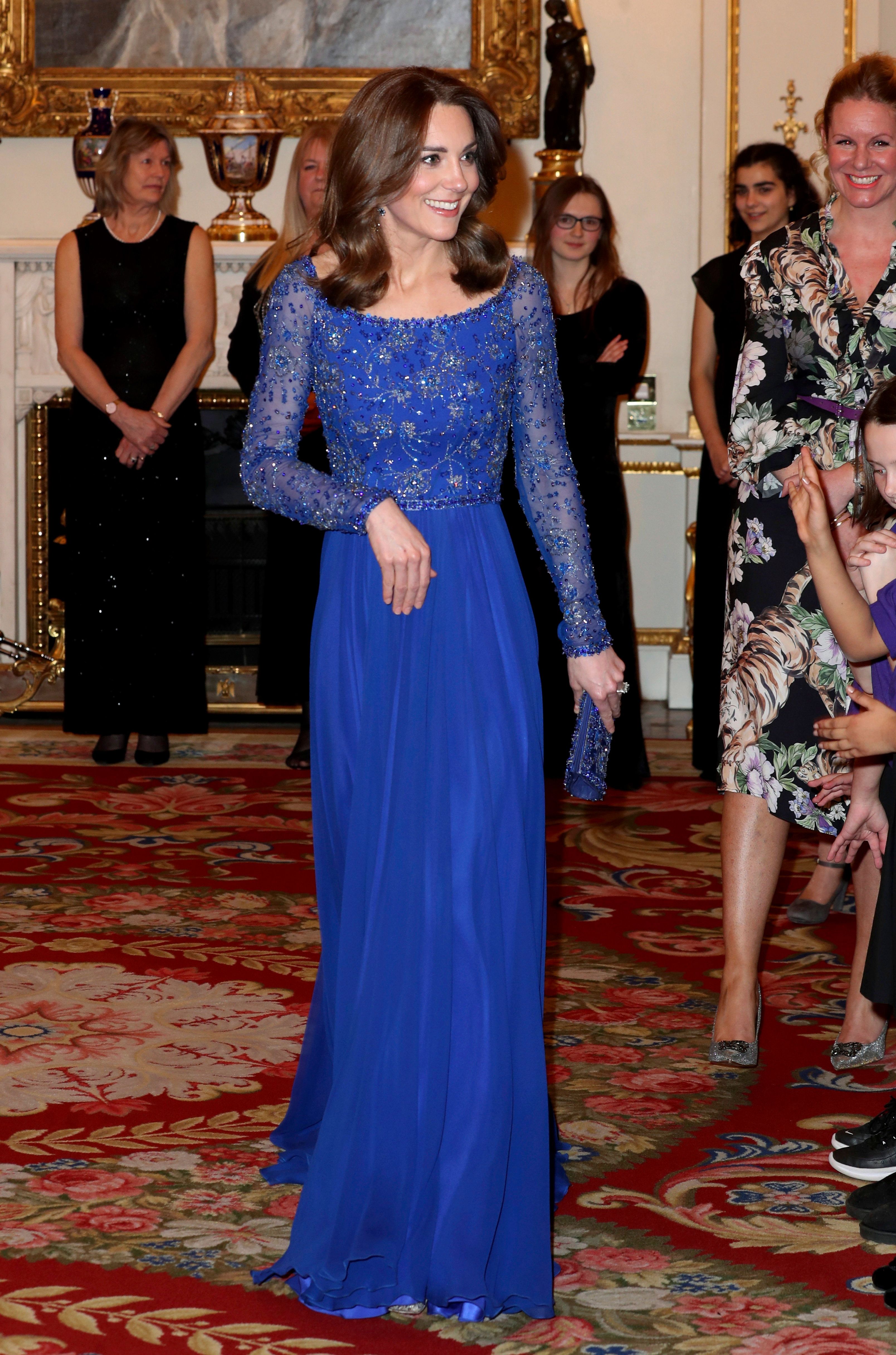 Kate Middleton Hosts Palace Reception In Sapphire Blue Sparkling Gown